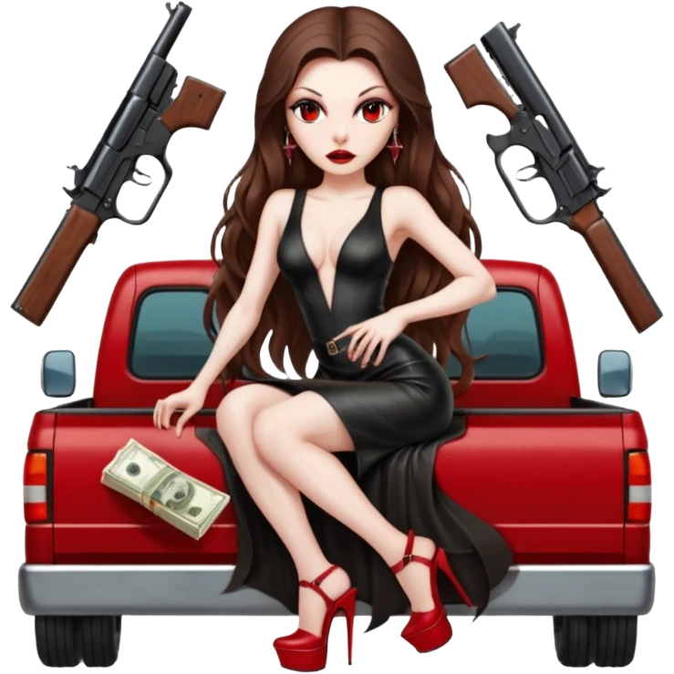 Lilith symbol red eye seductress evil long brown haired sexy succubus woman with leather long dress with slit on, sitting in Big Large F350 pickup truck. Platform high heels in feet. Back seat full of stacks of cash, she is  Holding a human skull of her enemies and a gun in other hand emoji