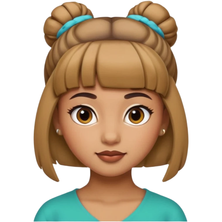 In Apple Memoji format, a girl with bangs and her hair in a bun. The girl has light brown skin and arab ethnic features emoji