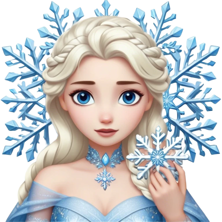 Cinematic Realistic Elsa Portrait, depicted with lifelike skin texture, soft natural lighting, and intricately detailed platinum blonde hair styled elegantly. Her striking, expressive blue eyes exude confidence and grace, complemented by a serene and regal expression. She holds a shimmering snowflake delicately in one hand, her other hand resting against her gown, embodying the power and beauty of winter. She is dressed in her signature icy attire, with shimmering fabric textures and delicate folds that catch the light beautifully. The portrait features a soft, enchanting glow with a cool, radiant finish, capturing the essence of timeless elegance in a realistic and painterly style. emoji