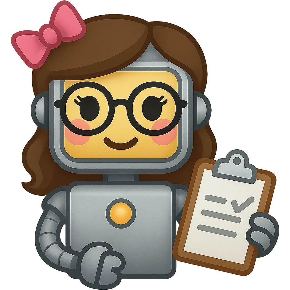 Make the recruiter robot emoji even cuter and more feminine with different hairstyles and accessories like bows or glasses. Style should be apple style, flat, and metallic. The robot is holding a clipboard. Transparent background. emoji