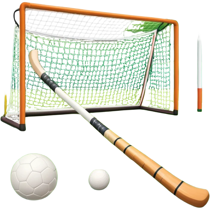 A field hockey stick and ball resting on a well-maintained grass field, with the goalposts and markings visible in the background. The scene highlights the precision and focus of the sport, with the vibrant green pitch creating a dynamic atmosphere. emoji
