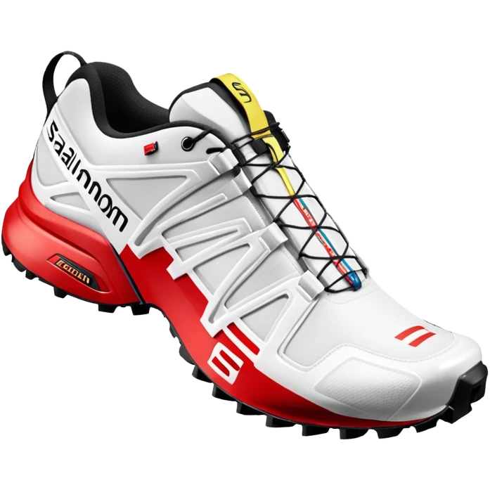 White Salomon XT-6 shoes with the signature colored speedcross stripe running through the middle, red Salomon logo stripe, one shoe behind the other, iOS emoji style, rest of the shoe pure white emoji