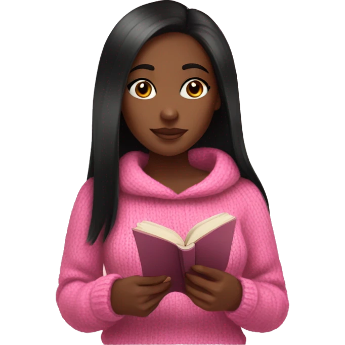 Pretty black girl with pink sweater and long straight black hair reading cozy emoji