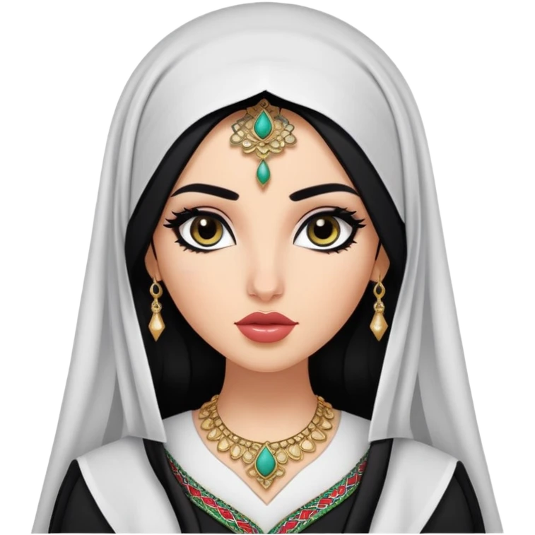 Arab nose, pretty lips, tatreez palestinian clothes, fair skin,  long black hair, veil, pretty bratz baddie, black eyeliner emoji
