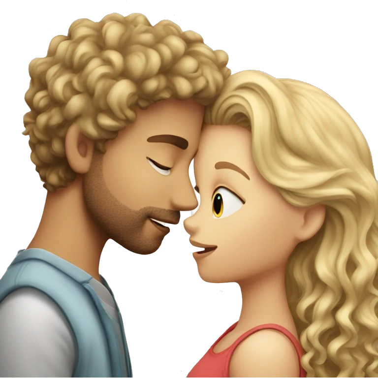 blonde girl kisses curly brown haired guy emoji