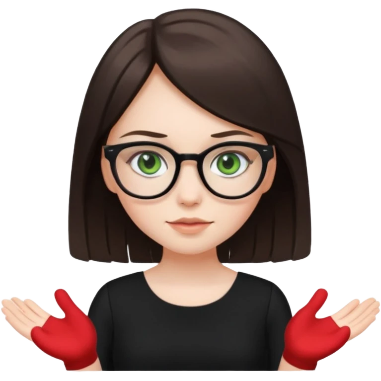 a cute white brunette girl with green eyes in a black dress wearing glasses  with two hands  emoji