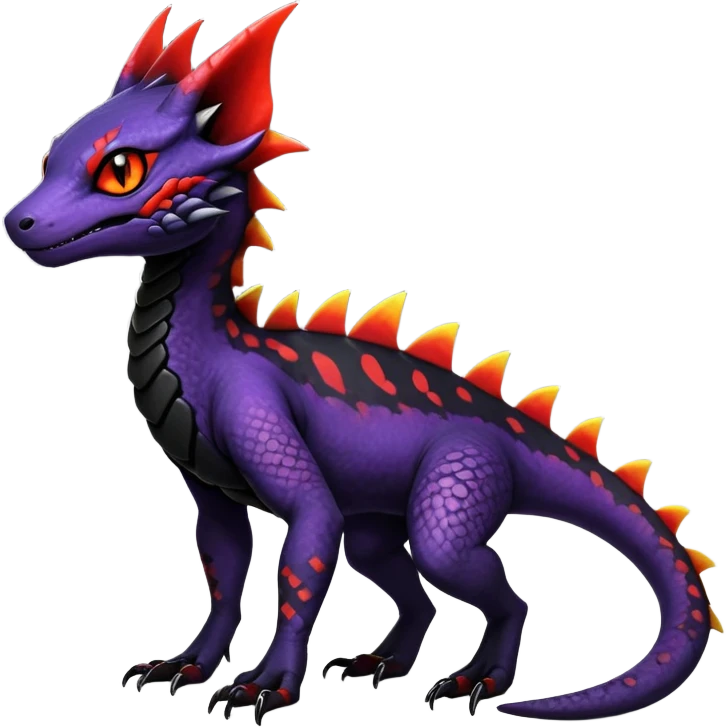 Rare realistic exotic edgy gothic gloomy cool badass epic pretty beautiful handsome gorgeous aesthetic colorful vibrant Vernid-Trico-species-Fakemon-Salandit-hybrid-creature by LiLaiRa, 4 legs, 1 tail, random markings, (full body) emoji