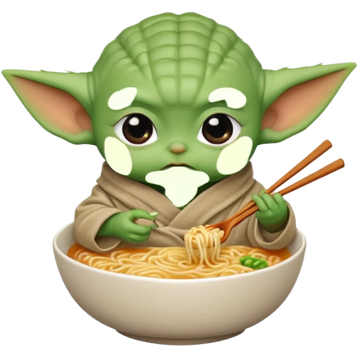 Baby yoda eating ramen noodles, pouty-ish eyes emoji