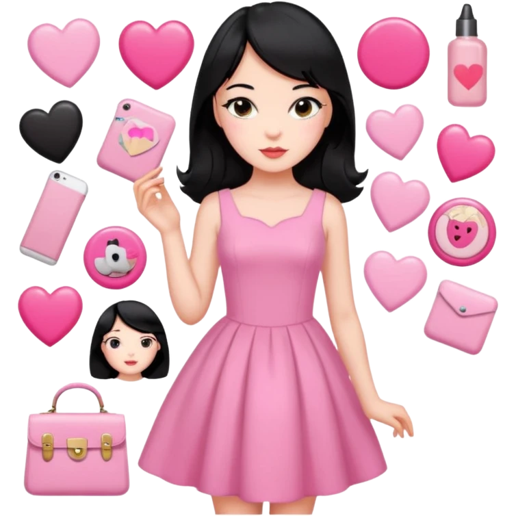 Vintage girly pink stickers, coquette, girl with black hair, fair skin, daily life emoji