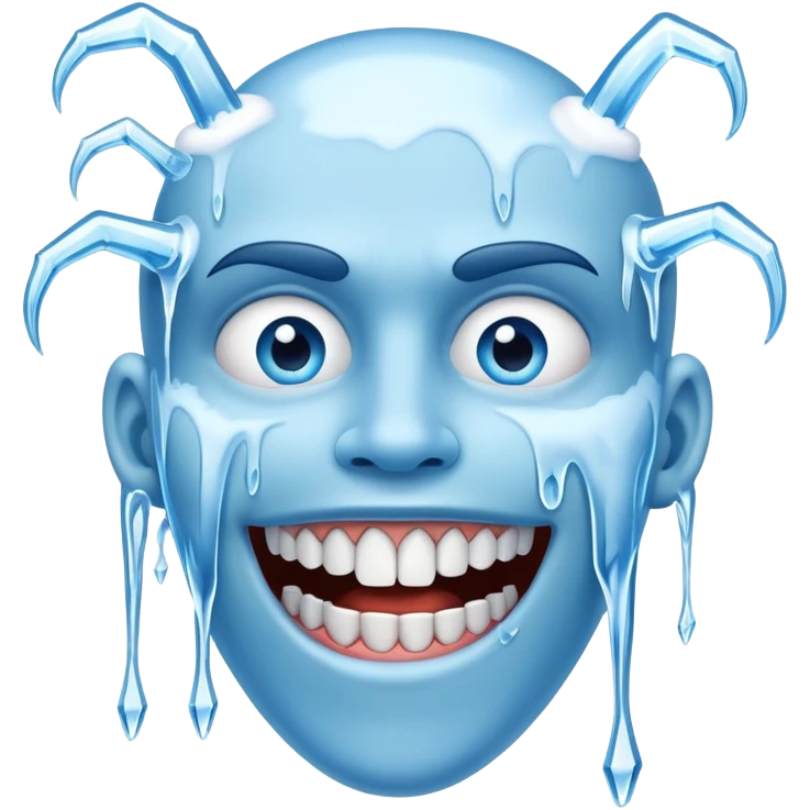 Blue face with chattering teeth, icicles hanging from face, freezing cold expression emoji
