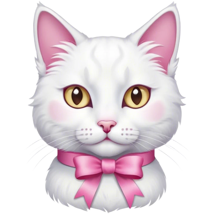 White cat with pink ribbon on her ear emoji