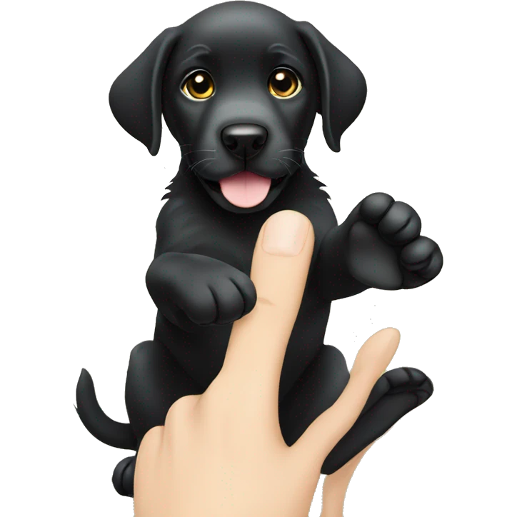 sitting black labrador puppy makes high five with one paw emoji