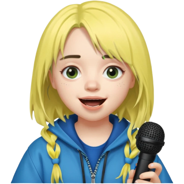 billie eilish is singing, holding mirco and smile emoji
