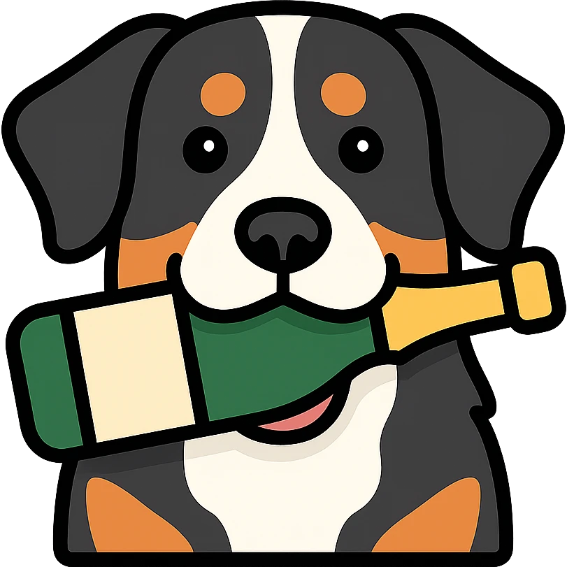 bernese mountain dog with a toy champagne bottle in its mouth emoji