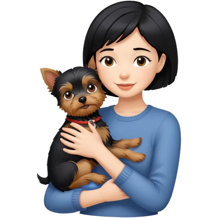 A beautiful girl with short black hair happily hugs a Yorkshire Terrier emoji