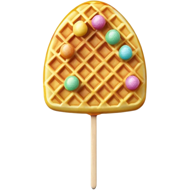 3D rendered Hong Kong egg waffle on stick like lollipop, vibrant golden color with rainbow sprinkles, hyper-realistic bubbled texture, glossy candy finish, fun playful design, detailed textures emoji
