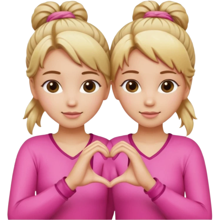 Two best friends making a heart shape with their hands together. One of them has blond hair which is shower and the other has brown hair tied up. They are both wearing pink outfits. emoji
