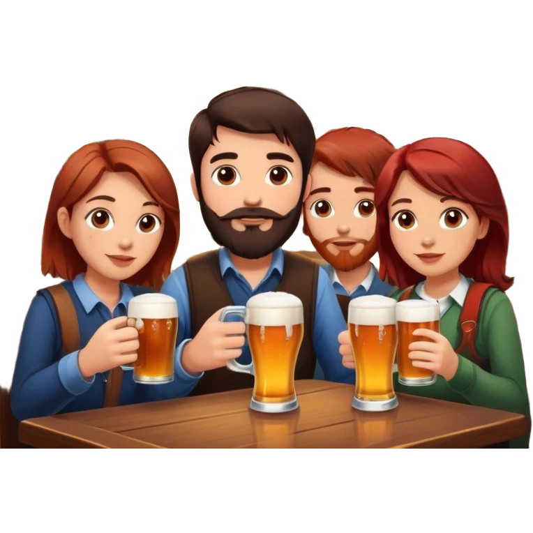 2 boys, one with dark hair and stubble and the other with brown mid length hair and a beard sat with a girl with red/brown hair drinking beers in a pub emoji