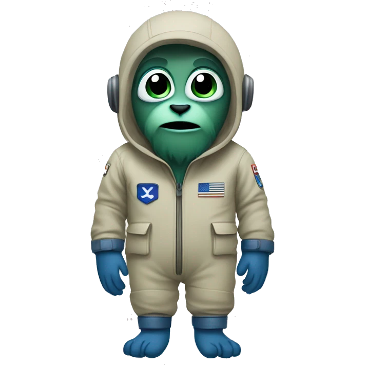 A yeti with big eyes wearing a khaki green flight suit with blue hands and feet emoji