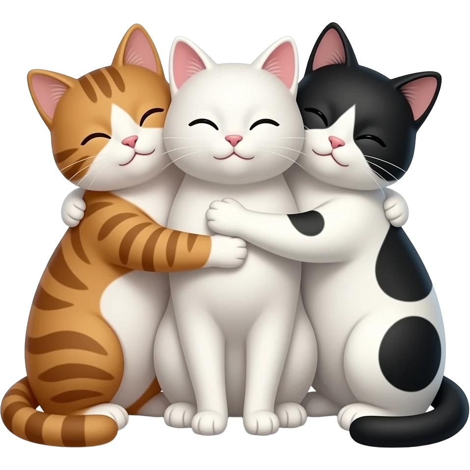 three cats (one brown, one white and other black and white) hugging each other emoji