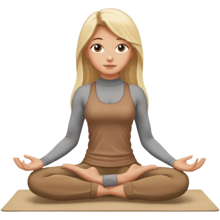 Blonde long hair girl sitting on a beige rug doing yoga, brown clothes emoji