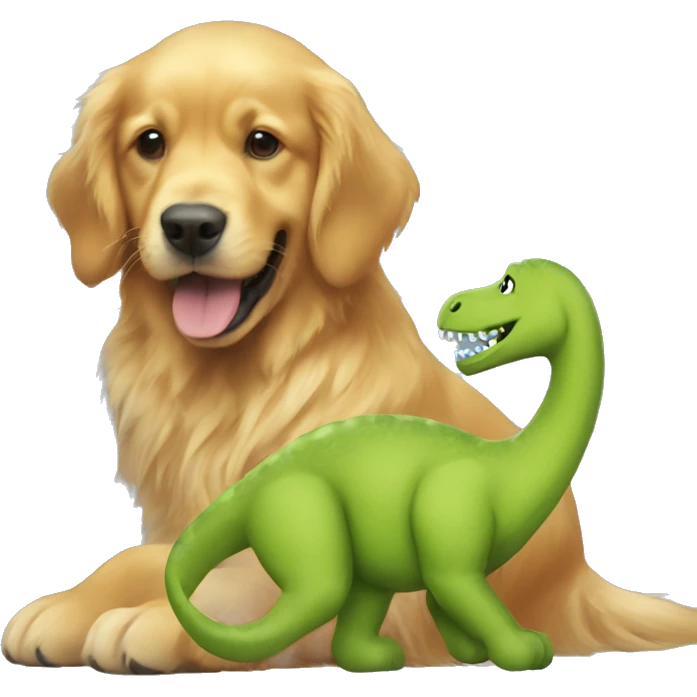 A golden retriever playing with a big dinosaur stuffed animal emoji