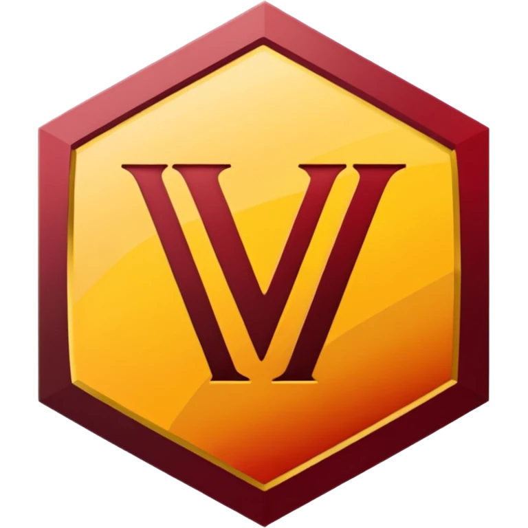 hexagon emblem with a thick yellow-to-gold outline and a dark red gradient inside. In the center, place a bold capital letter V in the same yellow-to-gold gradient as the outline. Keep the shapes clean and geometric, with smooth color transitions and no background color. emoji