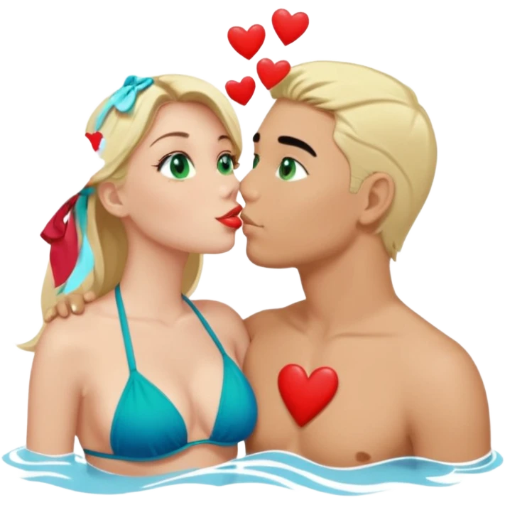 Blonde Queen with crown Green eyes blue Bikini whole body Kissing man black Hair Hearts emoji