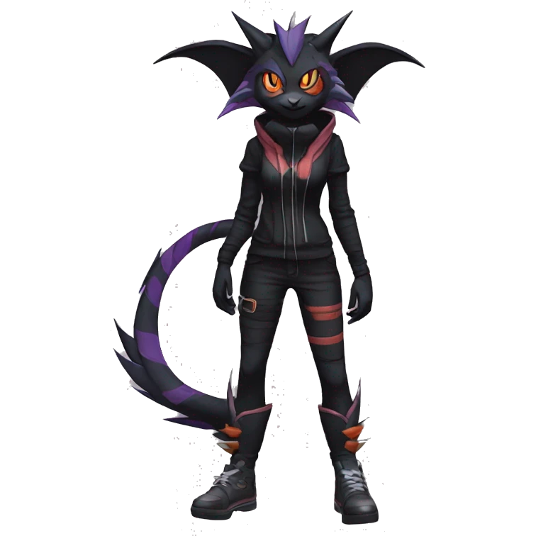 Cool Anthro Black Noivern-Quiana-Litten-Pokémon with edgy stripes hoodie spiked collar punk Full Body emoji