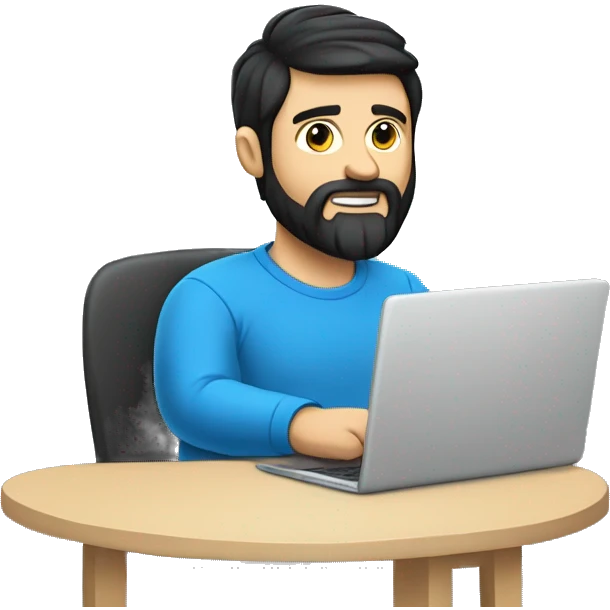 white guy with beard black hair big nose thin face typing in laptop wearing blue t-shirt, saying Hi emoji