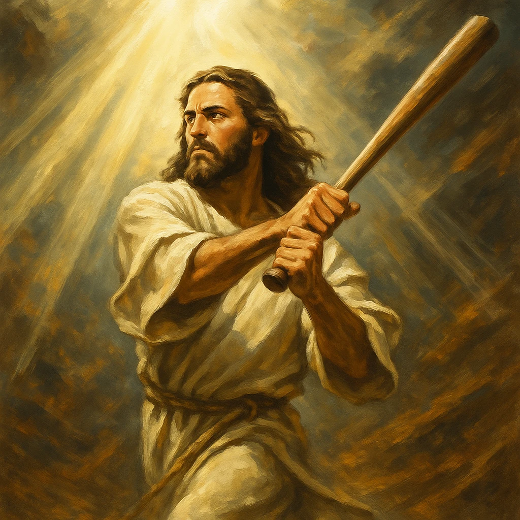 Jesus with long hair and beard, focused, powerful baseball hit, divine light shining down emoji