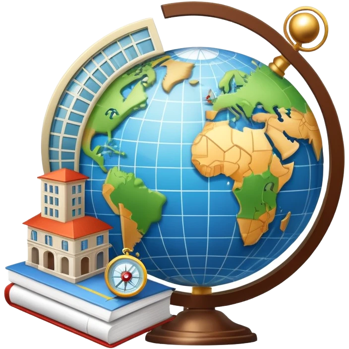 An icon featuring a hotel building, and a globe, symbolizing the scientific study of tourism and hospitality. The design includes a map, a compass, and a checklist, representing travel planning and service management. Transparent background highlights the academic exploration of the tourism industry emoji