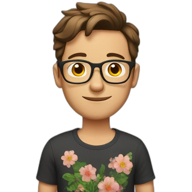 german guy with short brown hair up wearing glasses and dark t-shirt with flowers print emoji