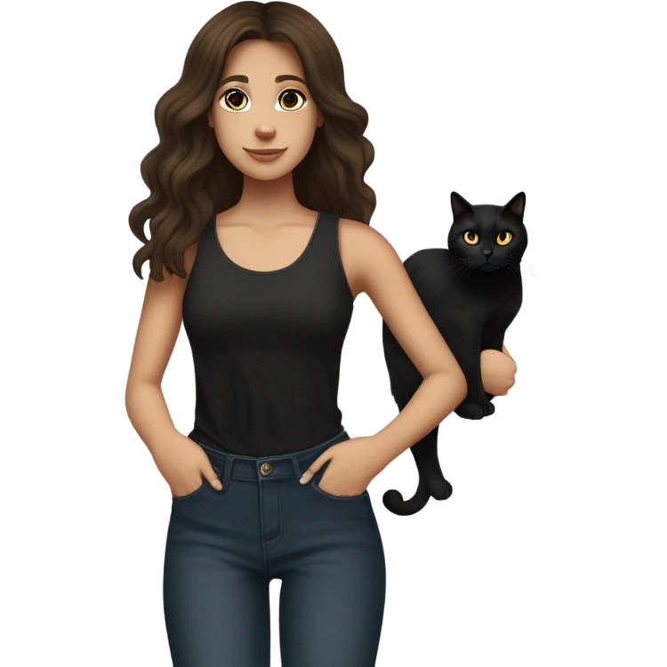 tall skinny brunette haired girl with brown eyes medium wavy hair and middle part curtain bangs wearing dark wash jeans and black high neck tank top and black mary jane heel shoes standing and holding fat black cat with white spot on its belly emoji