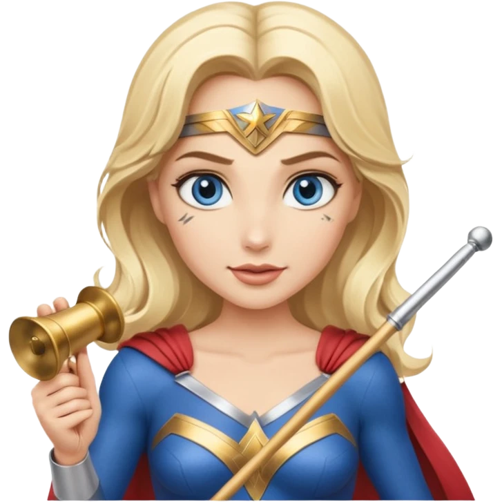 Blonde blue eyed Wonder Woman holding white orchestra conductor’s baton and bell emoji