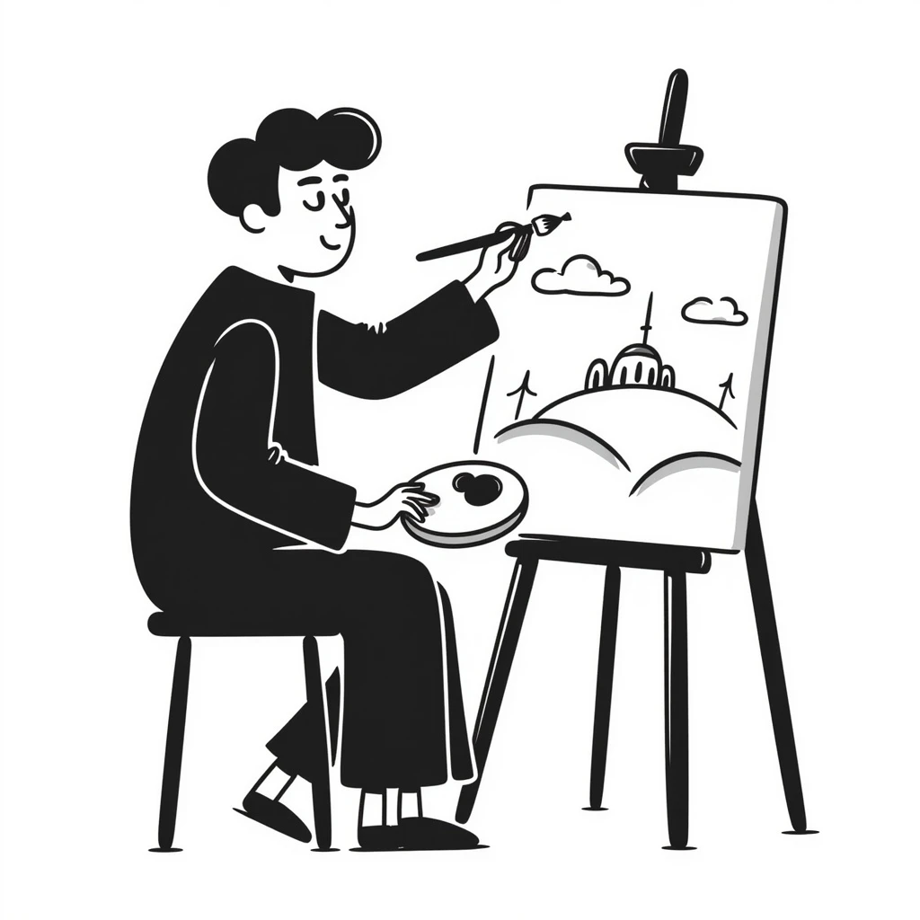 Kamal-ol-molk, Iranian painter, hand-drawn doodle style, sketching on a canvas emoji