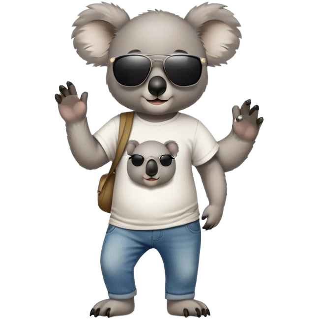 anthropomorphised koala in a band t-shirt and jeans with dark sunglasses walking upright relaxed pose emoji