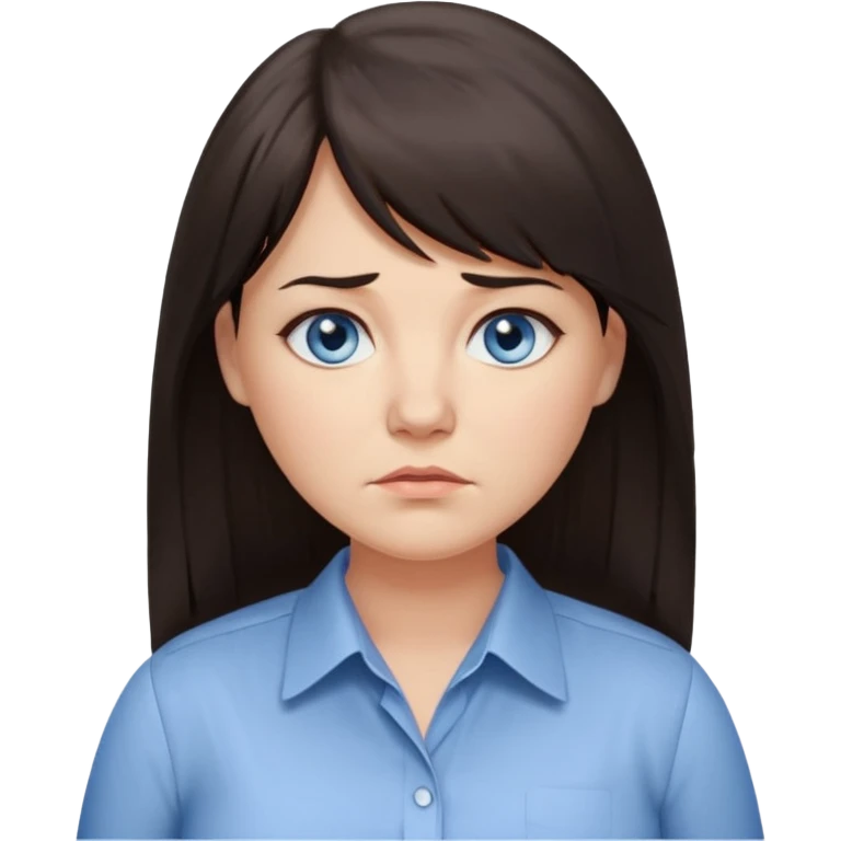 40 yr old woman, blue eyes, long straight dark brown hair, business shirt, chubby, bangs, long hair, tired emoji