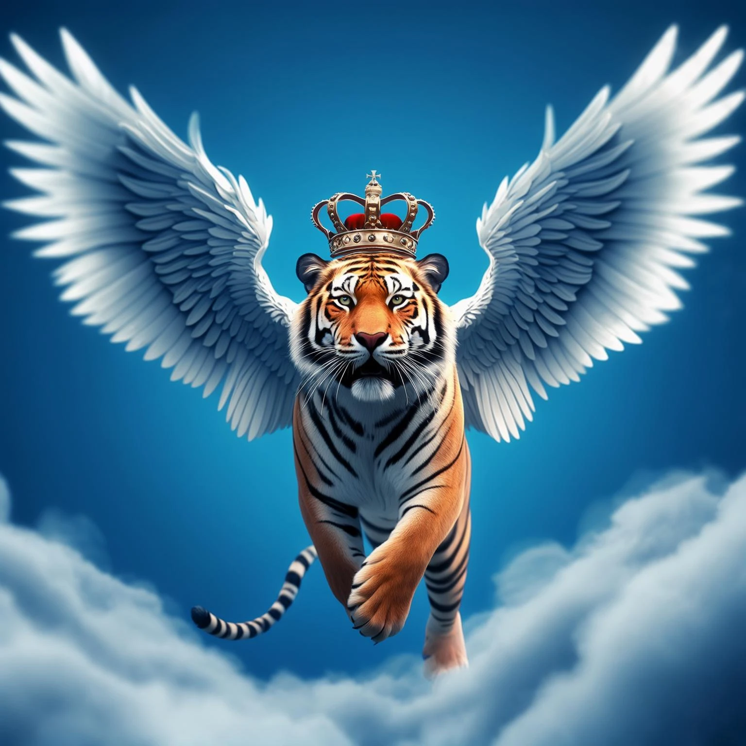 Tiger with wings and corwn flying around clouds, blue solid color, with cinematic blur emoji