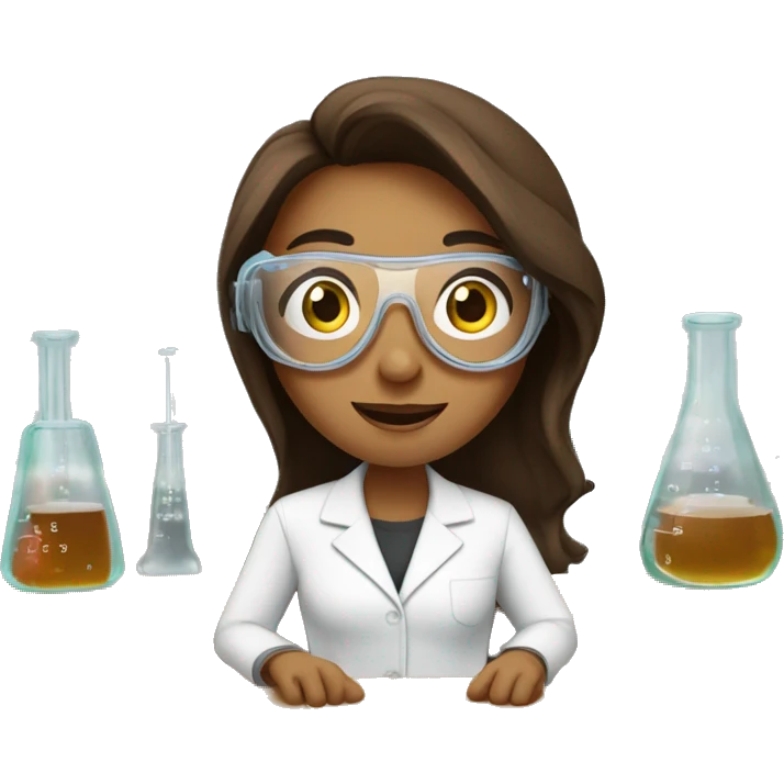 Woman with straight long brown hair wearing small clear goggles in a lab class with a traditional bench and beakers  emoji