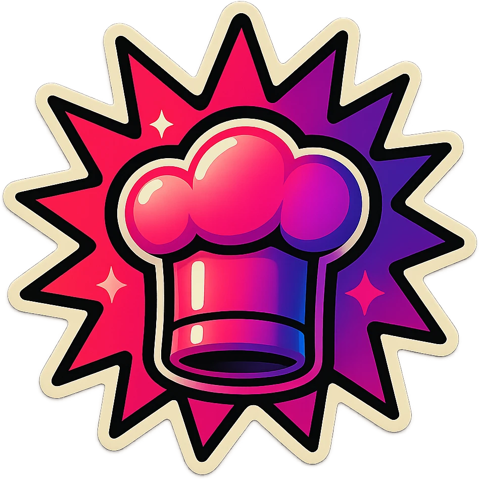 chef's hat, lot of colors explosions, playful and modern with gradient FF4D67, 9D34FF gradient, border black, vibrant, matching image reference  emoji
