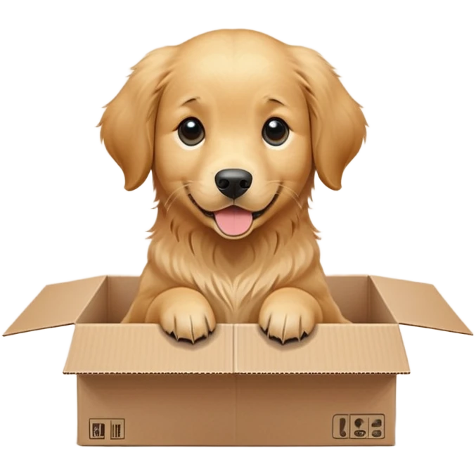  A very cute young Golden Retriever  with one's head tilted to one side poked its paws out of the cardboard big box and placed them on top of it emoji