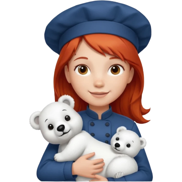 girl kid italian chef, red haired, uniform, holding plush polar bear emoji