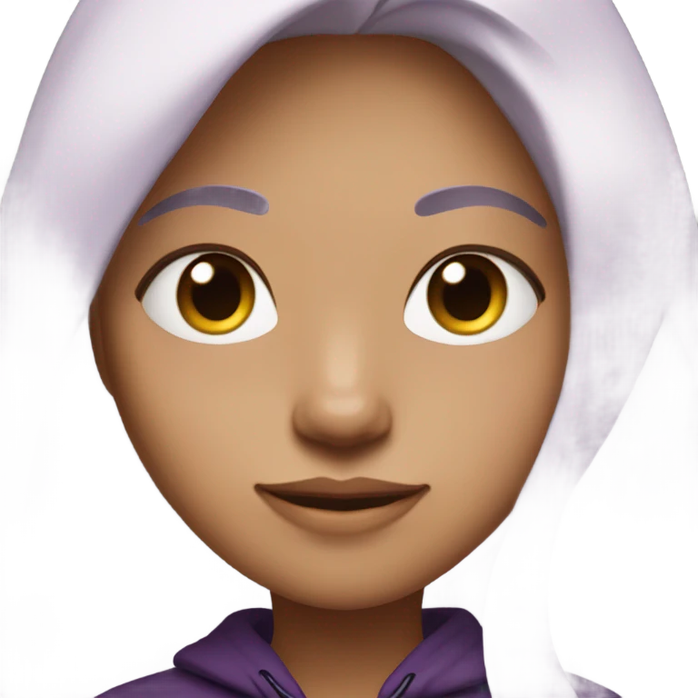 Generate a girl with long white hair with purple eyes and tan skin. Her clothing is a purple hoodie and  black shirt. emoji