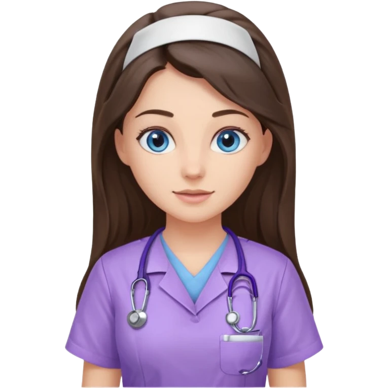 pretty brunette nurse with long hair and blue eyes in lilac scrubs emoji