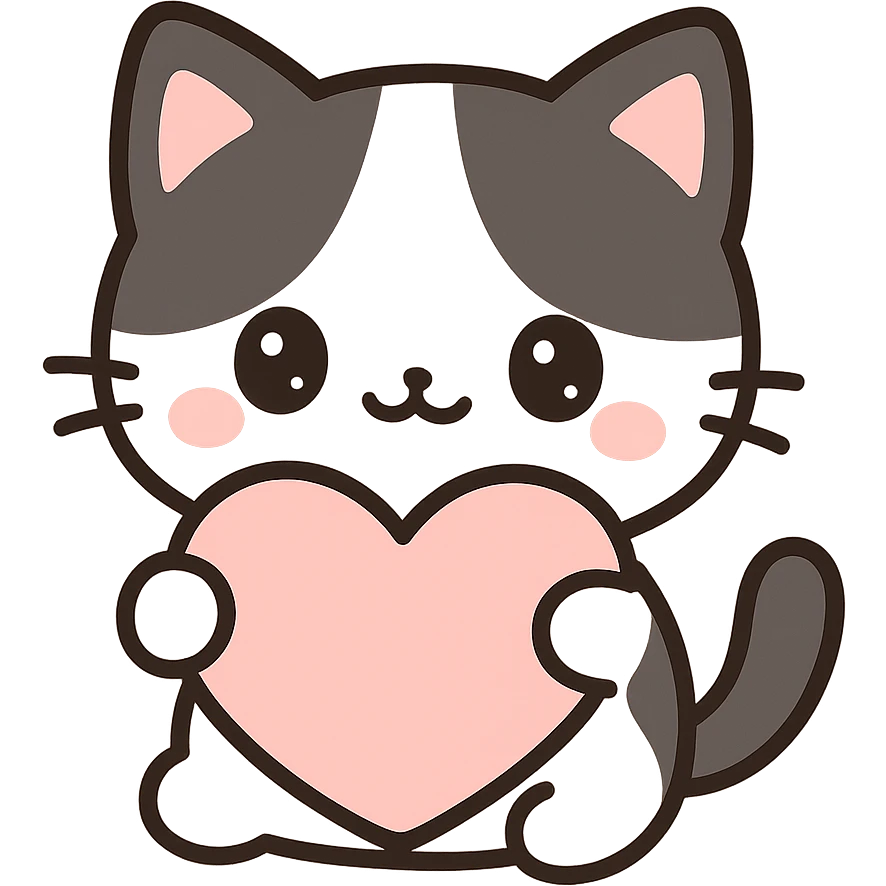 small black and white cat in anime style holding a heart emoji