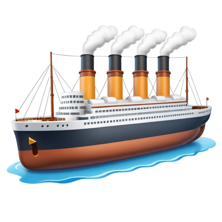 miniature 3D Titanic ship emoji in Apple style, with two smokestacks, compact and smooth, bright clean colors, simplified details, floating on blue water, no faces, soft shadows, high-quality render, white background emoji