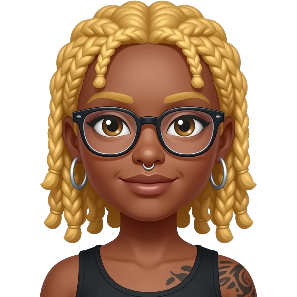 Black girl with blonde locs, glasses, nose piercing,  hoop earrings and tattoo emoji