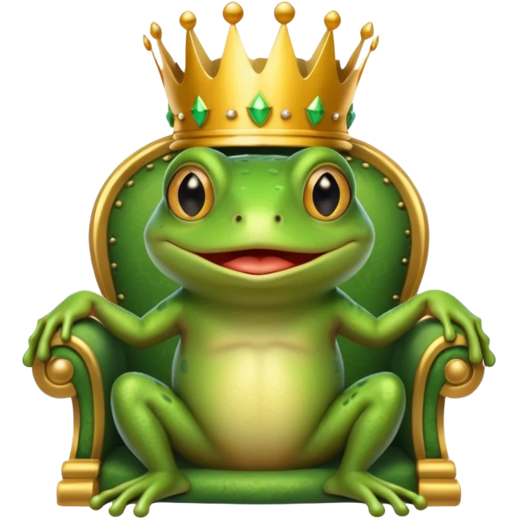 A frog wearing a crown, confidently sitting on a golden throne, portrait, bust up emoji