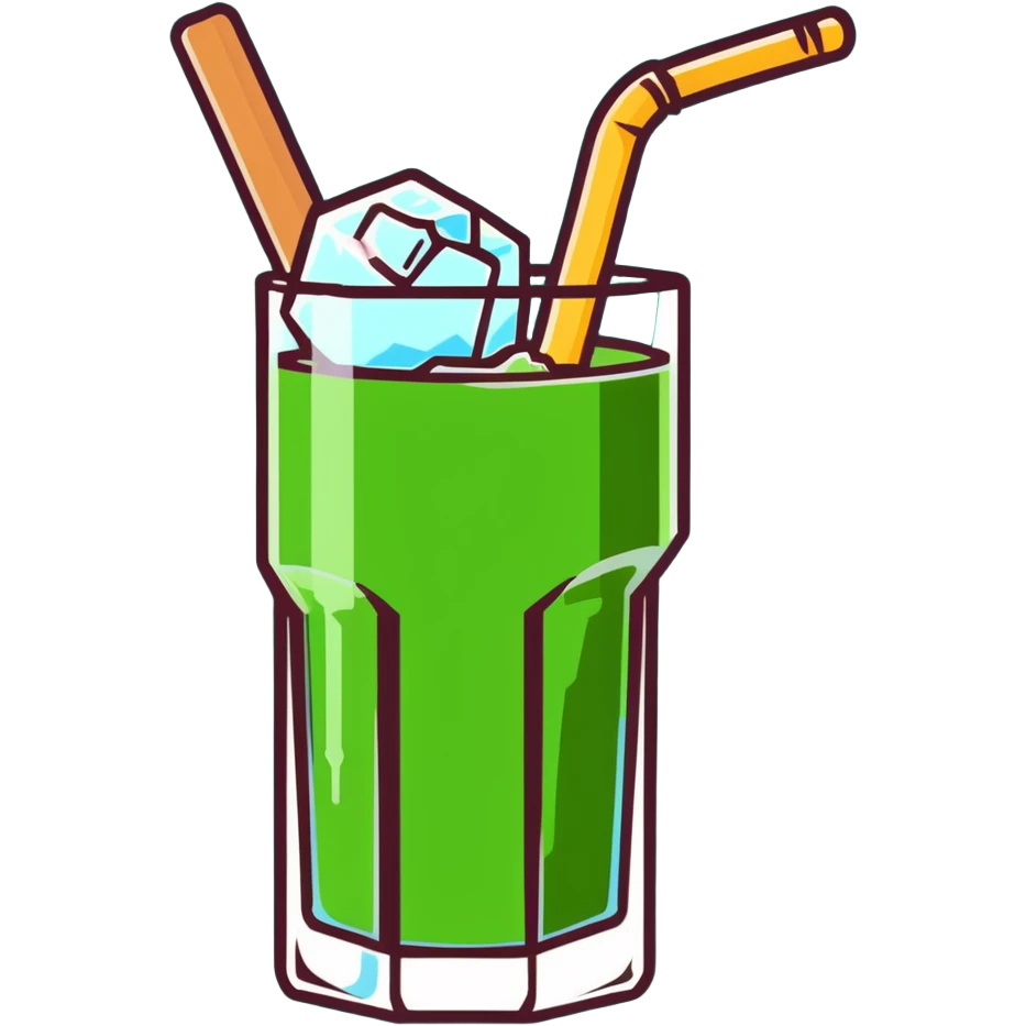 Tall glass of sweet sugarcane juice with ice cubes, light green liquid, straw, and sugar cane stalks beside it emoji